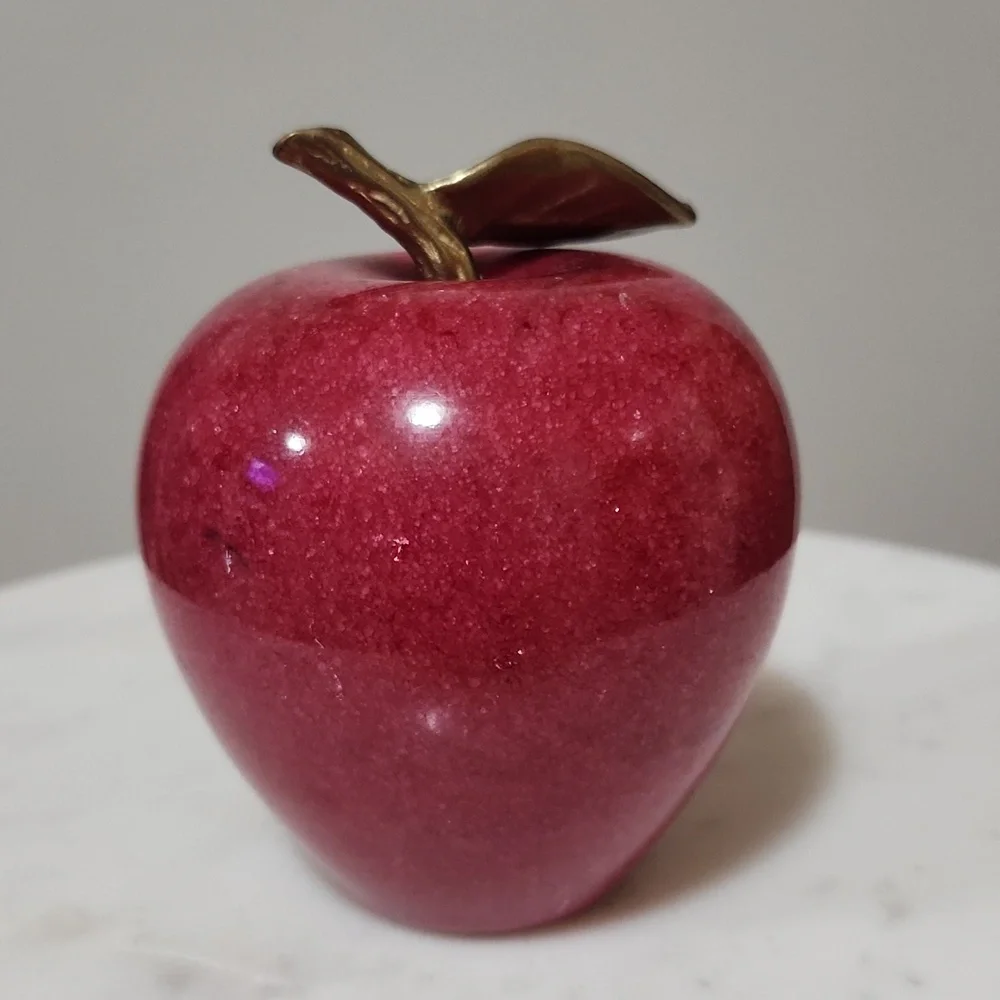 Red Marble Apple Paperweight Sculpture with Golden Brass Leaf